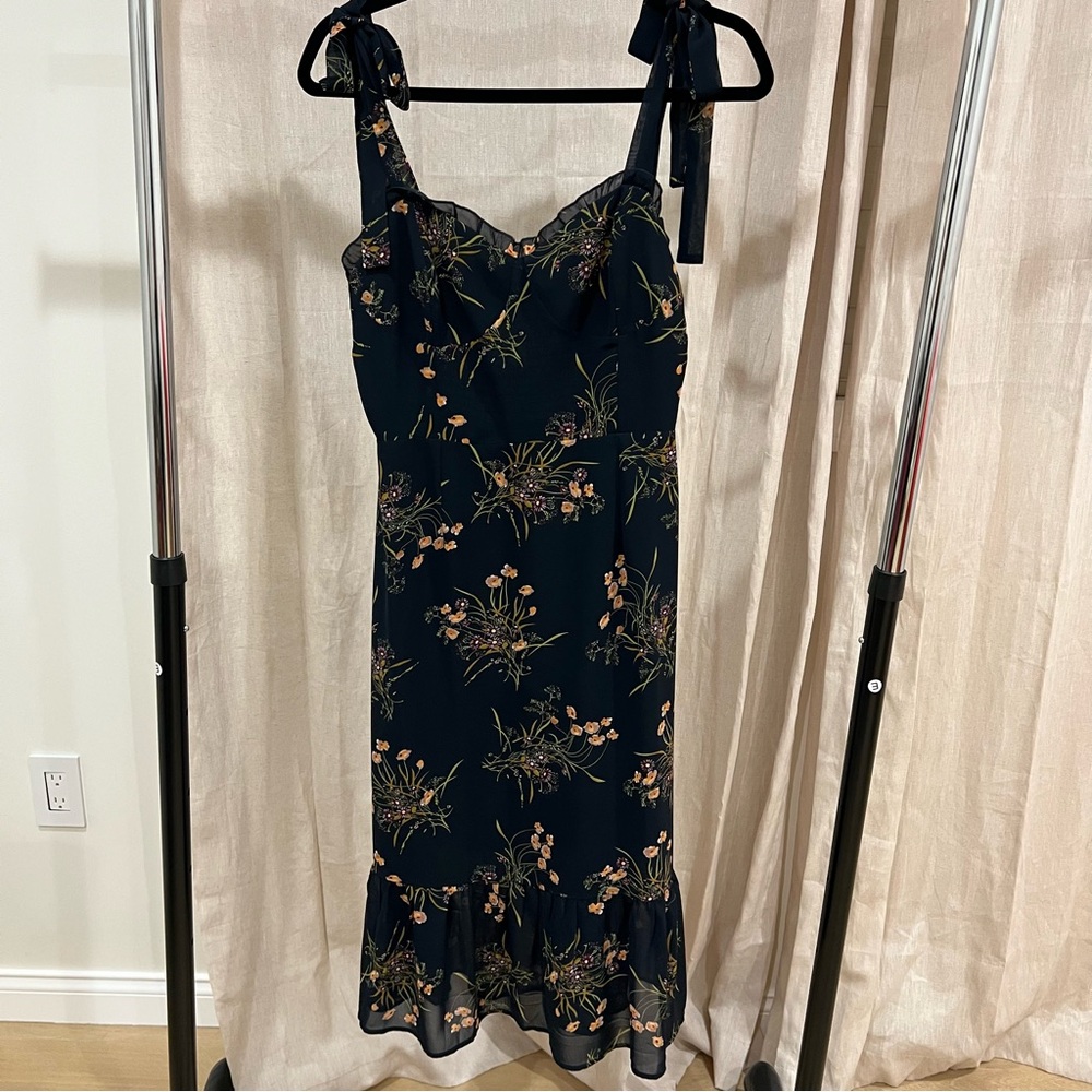 Commense Blue Floral Midi Dress with Bow Straps